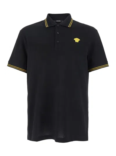 VERSACE BLACK POLO SHIRT WITH CLASSIC COLLAR AND MEDUSA EMBROIDERY ON THE FRONT IN COTTON MAN