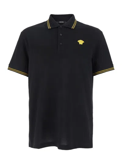 VERSACE BLACK POLO SHIRT WITH CLASSIC COLLAR AND MEDUSA EMBROIDERY ON THE FRONT IN COTTON MAN
