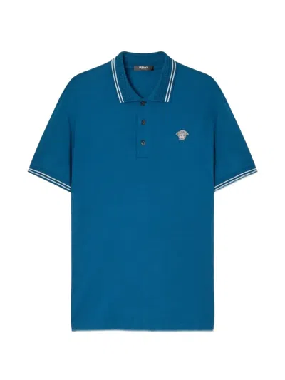 Versace Medusa Pop Embroidered Piqué Polo Shirt In Blue