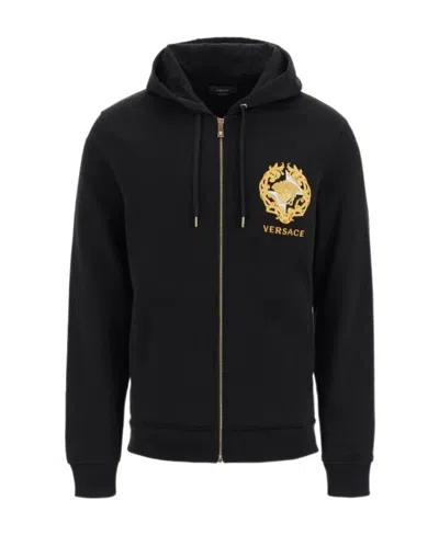 Versace Medusa Print Detail Zip-up Hoodie In Black