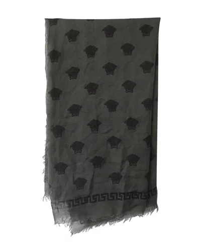 Versace Medusa Print Scarf In Grey & Dark Green Silk In Gray