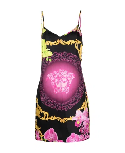 Versace Medusa-print Spaghetti-strap Dress In Black