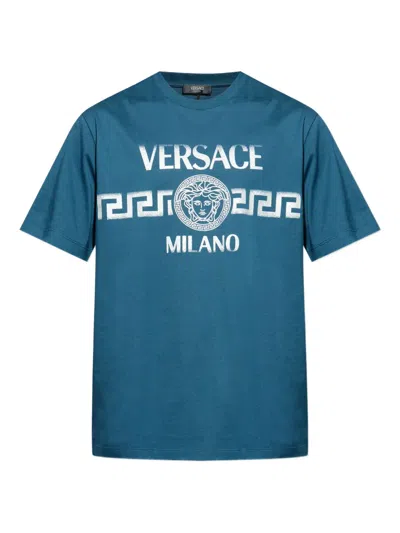 Versace Logo Printed Crewneck T-shirt In Blue