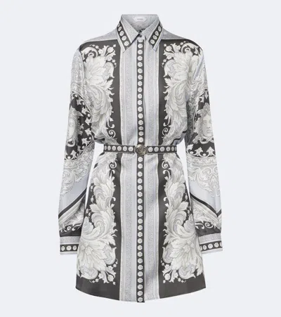 Versace Medusa Printed Silk Twill Shirt Dress In Gray