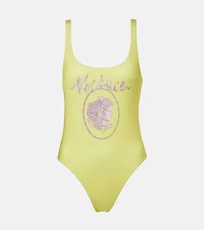 Versace Yellow One-piece Swimsuit With Medusa Print And Logo Lettering On The Front