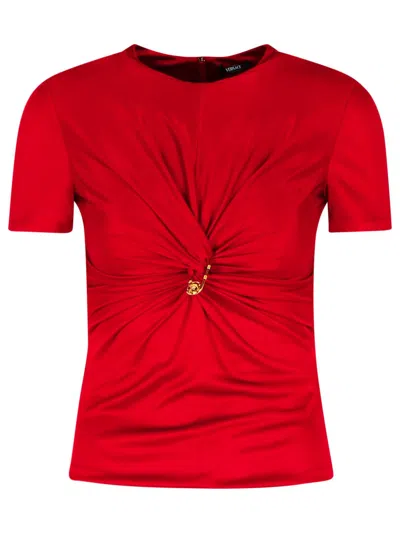 Versace Safety Pin Gathered Viscose Top In Red