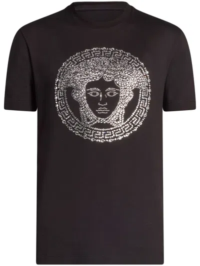 Versace Medusa Embroidered Cotton T-shirt In Black