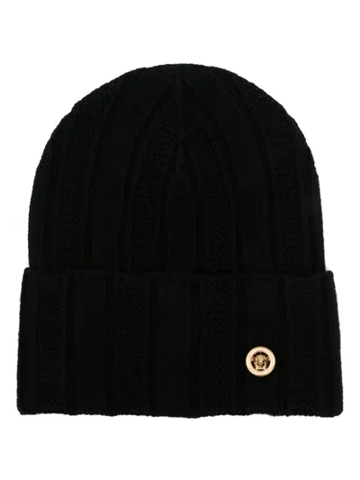 Versace Ribbed Wool Beanie With Cuffed Design In Black