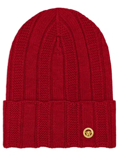 Versace Medusa Ribbed-knit Beanie In Red