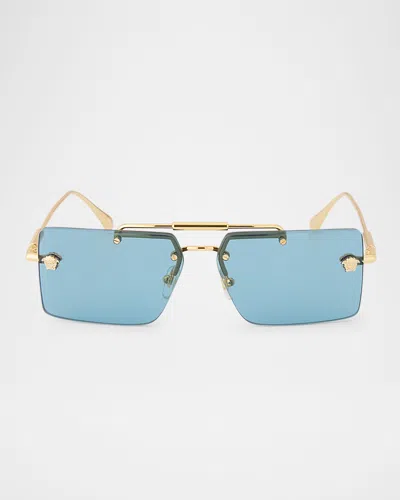 Versace Medusa Rimless Rectangle Metal Sunglasses In Blue Gold