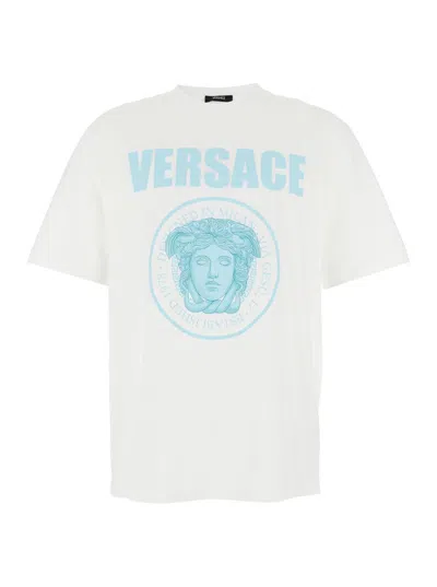 VERSACE WHITE CREWNECK T-SHIRT WITH MAXI LOGO PRINT ON THE FRONT IN COTTON MAN