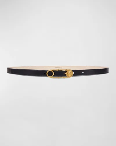 Versace Medusa Safety Pin Leather Belt In Nero