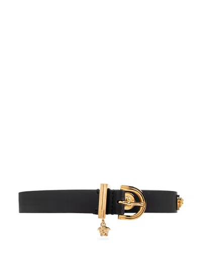 Versace Medusa Safety Pin Leather Belt In Black