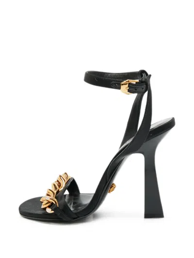 Pre-owned Versace Medusa Satin Heeled Sandals In Black