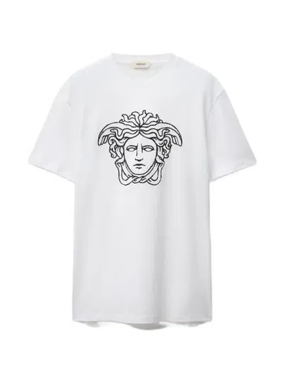Versace Embroidered Medusa Head Cotton T-shirt In White