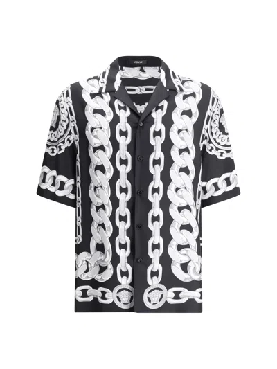 Versace Black And White Bowling Shirt With Cuban Collar And All-over Chain-link Print