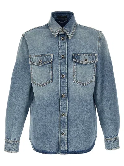 Versace Stonewashed Denim With Metal Studs Shirt In Blue