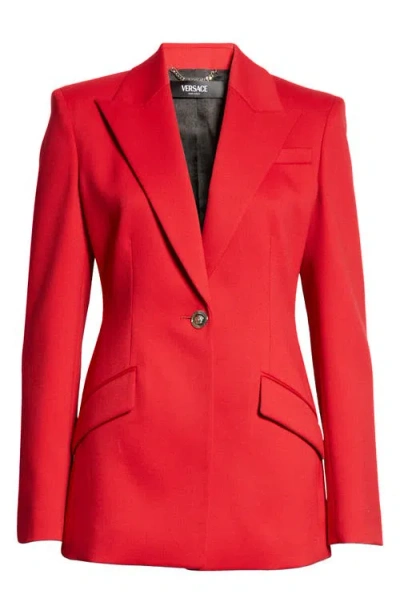 Versace Medusa Single Breasted Stretch Virgin Wool Blazer In Lipstick Red