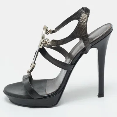 Pre-owned Versace Medusa Size 37 Black Leather And Metal Strappy Platform Slingback Sandals