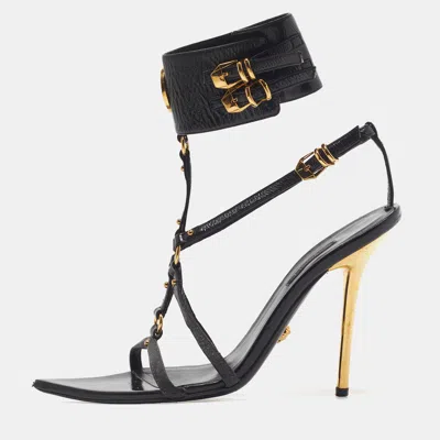 Pre-owned Versace Medusa Size 37 Black Leather Ankle Strap Sandals