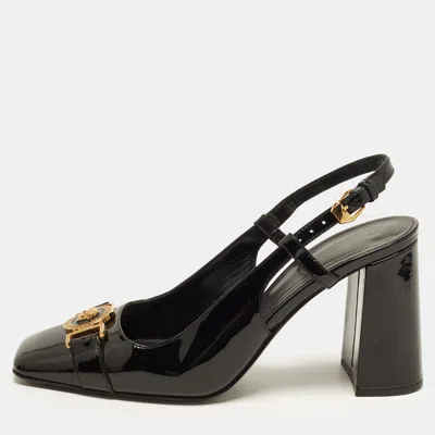 Pre-owned Versace Medusa Size 37 Black Patent Leather Slingback Block Heel Pumps