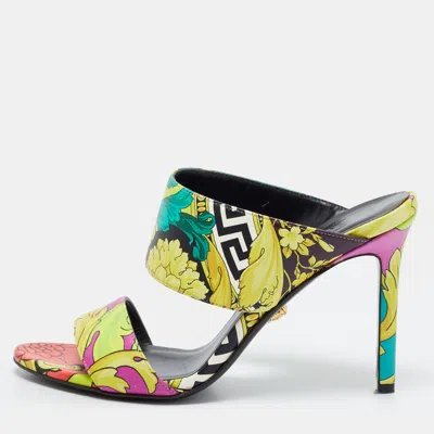 Pre-owned Versace Medusa Size 37 Multicolor Baroque Printed Leather Slide Sandals