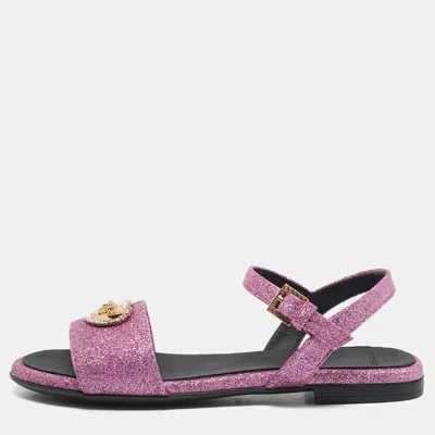 Pre-owned Versace Medusa Size 37 Pink Glitter Slingback Sandals