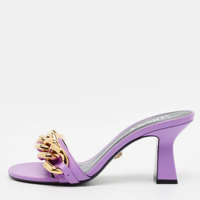 Pre-owned Versace Medusa Size 37 Purple Leathe Chain Detail Slide Sandals