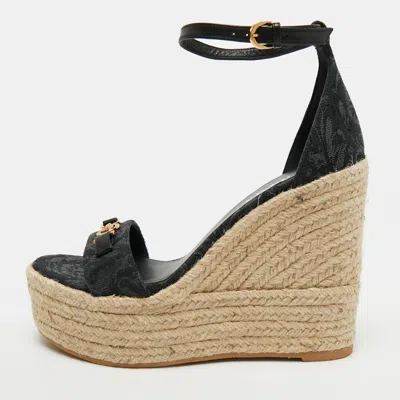 Pre-owned Versace Medusa Size 38 Black Denim And Leather Wedge Sandals