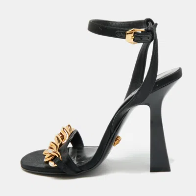 Pre-owned Versace Medusa Size 38 Black Satin Ankle Strap Sandals