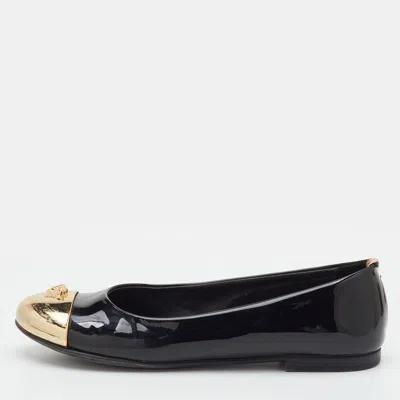 Pre-owned Versace Medusa Size 38 Black/gold Patent Leather And Metal Cap Toe Ballet Flats