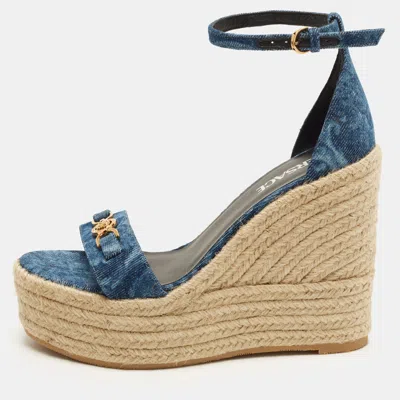 Pre-owned Versace Medusa Size 38 Blue Denim Wedge Sandals