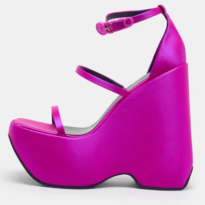 Pre-owned Versace Medusa Size 39 Pink Satin Platform Wedge Ankle Strap Sandals
