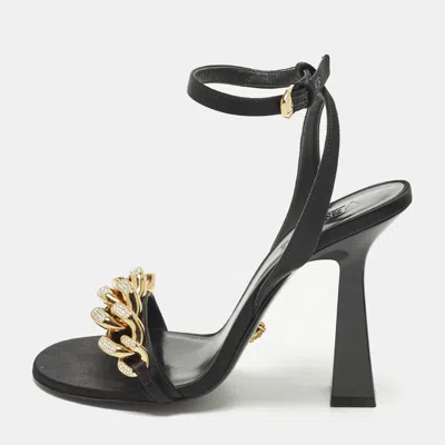 Pre-owned Versace Medusa Size 40 Black Satin Chain Ankle Strap Sandals