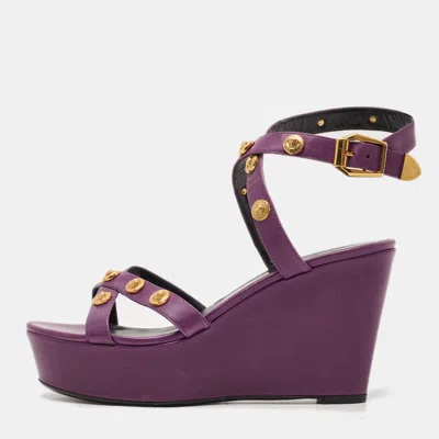 Pre-owned Versace Medusa Size 40 Purple Leather Wedge Ankle Strap Sandals