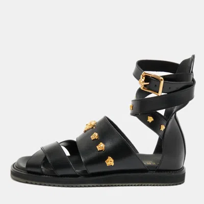 Pre-owned Versace Medusa Size 43 Black Leather Flat Sandals