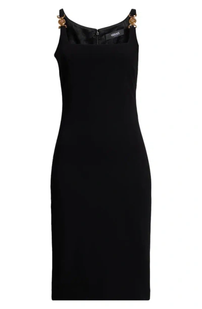 Versace Medusa Strap Detail Square Neck Sheath Dress In Black