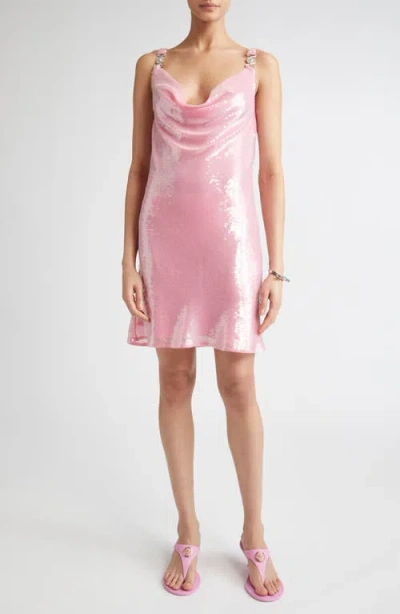 Versace Medusa Strap Silk Chiffon Sequin Cocktail Dress In Pink