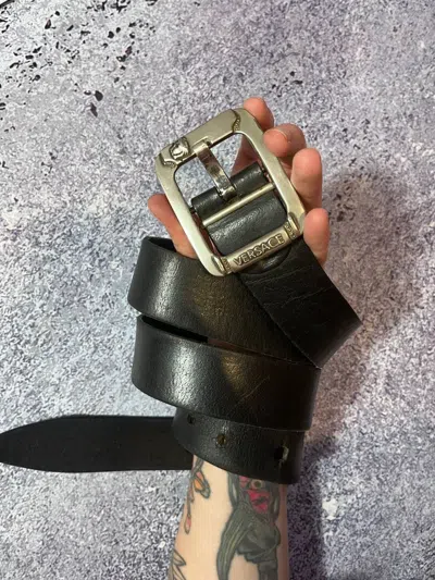 Pre-owned Versace Medusa Streetwear Vintage Leather Belt Logo 135 Cm In Black