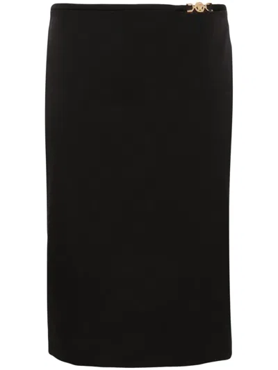 Versace Tailored Stretch Wool Midi Skirt With Logo Detail In Black