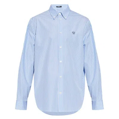Versace Medusa Embroidered Stripe Cotton Oxford Button-down Shirt In White Light Blue