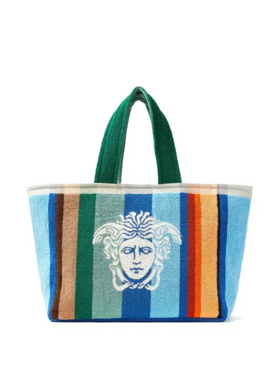 Versace Medusa Striped Tote Bag In Blue