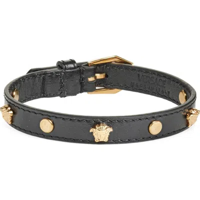 Versace Leather Medusa Bracelet In Black/gold