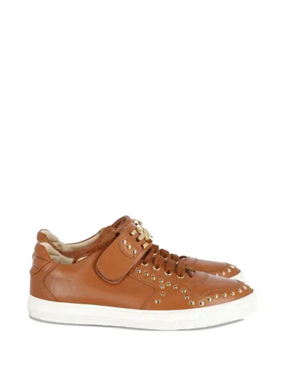 Pre-owned Versace Medusa Studded Leather Sneakers In Brown