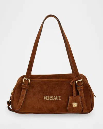 Versace Medusa Tag Suede Bowling Shoulder Bag In Brown