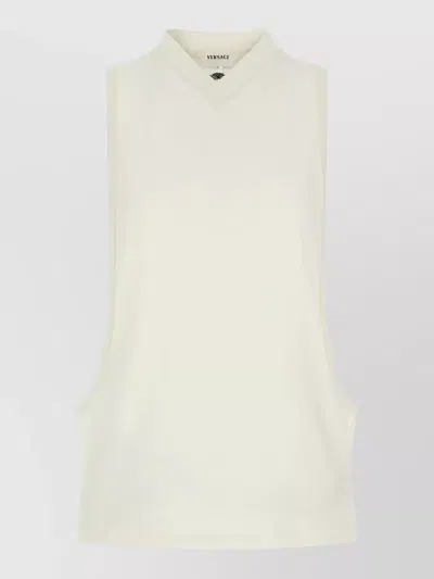 Versace Medusa Tank Top Ribbed Collar Sleeveless V Neckline In White