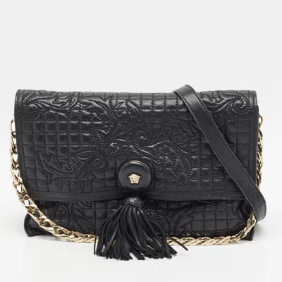 Pre-owned Versace Medusa Tassel Black Quilted Embroidered Leather Flap Shoulder Bag