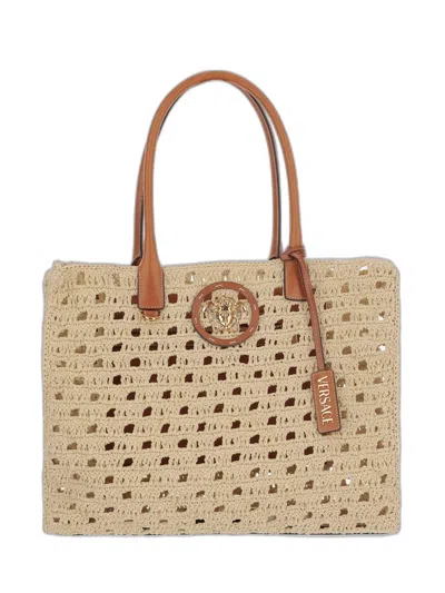 Versace Medusa Tote Bag In Raffia In Neutral