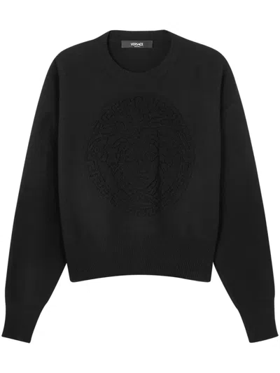 Versace Oversized Wool Blend Sweater With Embroidered Detail In Black