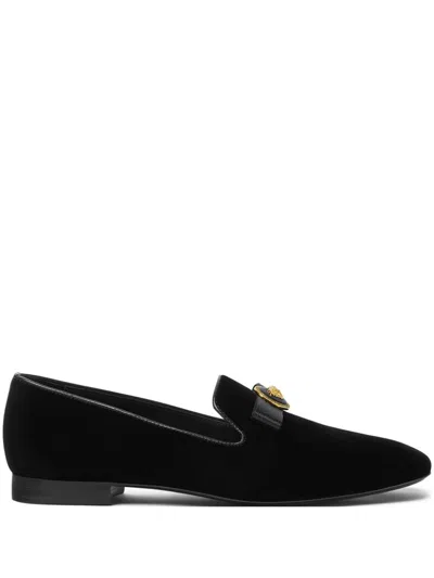 Versace Gianni Ribbon Velvet Moccasins In Black